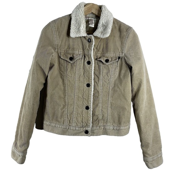 Abercrombie & Fitch Women's Jacket Ivory Corduroy Y2K Moto Sherpa Trucker Size S - Picture 1 of 9